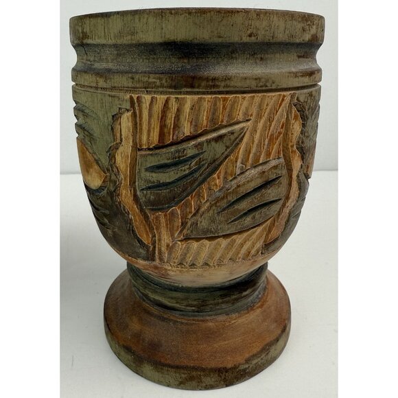 Vintage Wooden Hand Carved Pedestal Mortar/Cup/Vase‎ Set Of 2 Rustic - Picture 6 of 8
